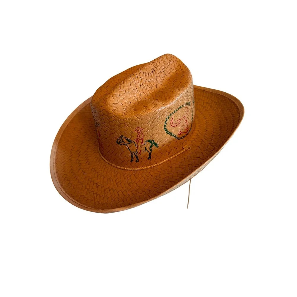 Vintage Cowboy Hat Tan Woven Straw Graphic Print Rodeo Western Chin Strap